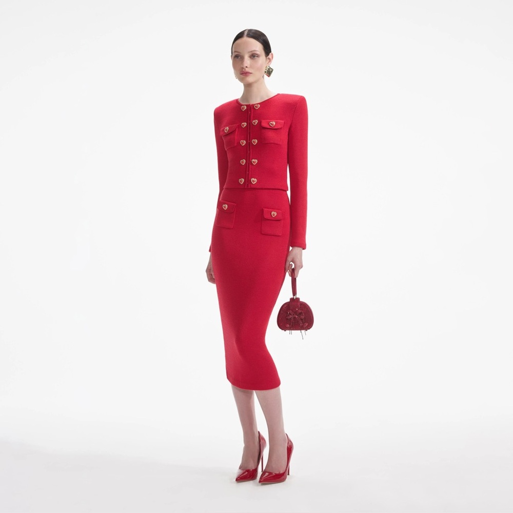 Self-Portrait Heart Shaped Buttons Red Knit Cardigan & Midi Dress Set NWOT